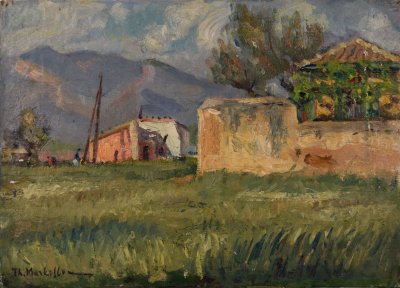 Red House with Parnitha Background, Patissia — Oil painting, Fiberboard, 25.00×35.00cm — Theodoros Markellos